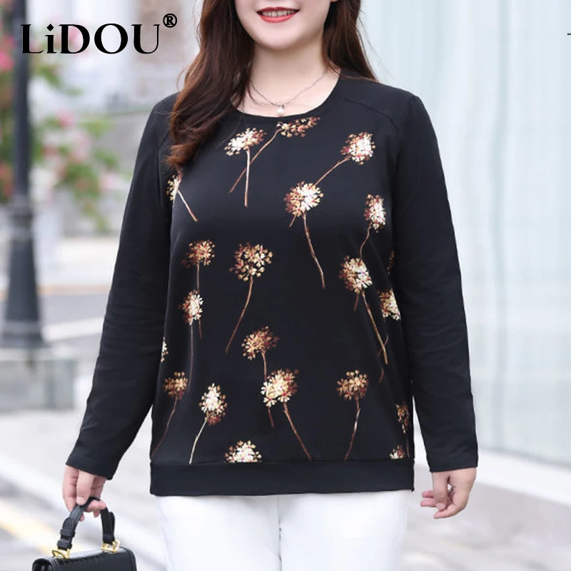 Autumn Print Black Elegant Fashion Plus Size T-shirts for Women Long Sleeve Casual Lady Tops All Match Aesthetic Female Clothes autumn spring women shirts black white cartoon cat print blouses fashion slim long sleeve chiffon shirt female tops blusas mujer