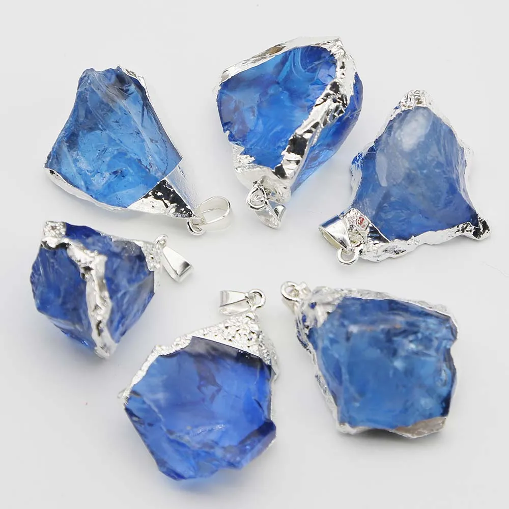 Natural Crystal Stone Multicolor Irregular Plating Silver Edge Pendant Necklace Reiki Charms DIY Jewelry Making Accessories 6Pcs