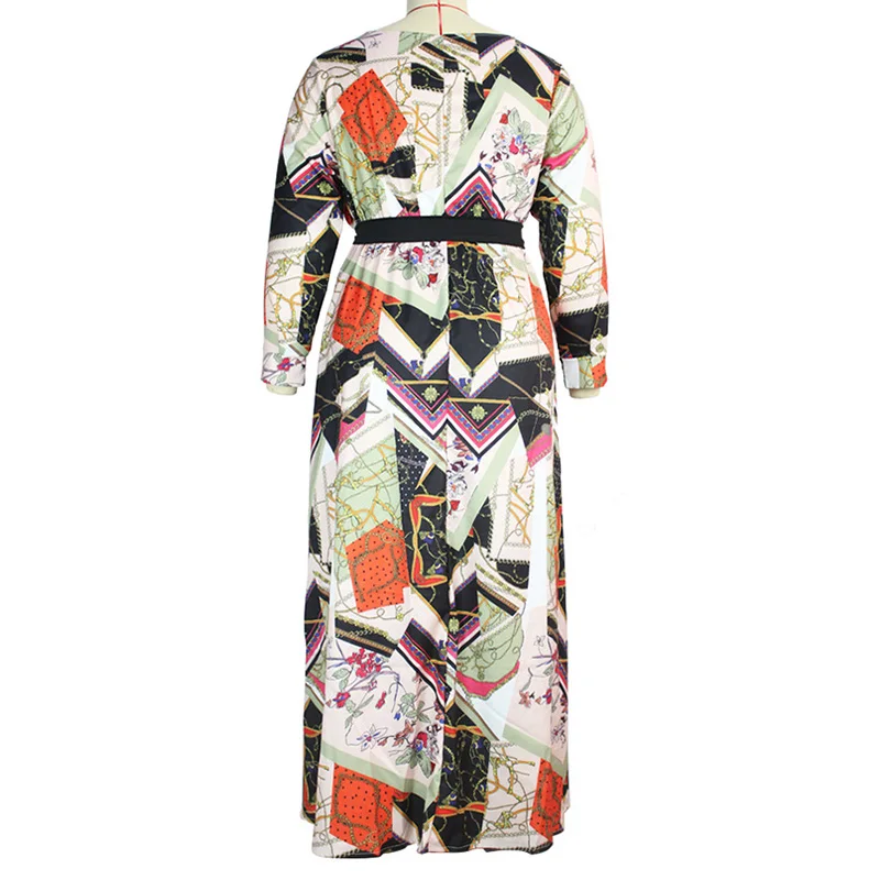Streetwear Geometric Print Wrist Sleeves Robe Femme Sexy V-Neck Lacing Loose Maxi Dress Spring Autumn Plus Size Women's Clothing