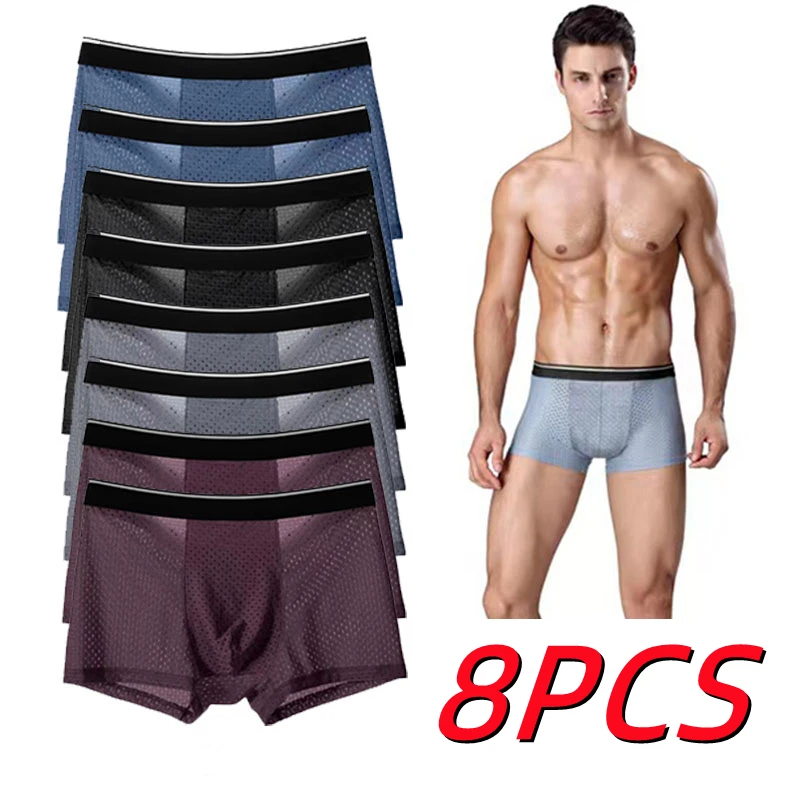 Mens Boxershorts Set Men Panties Ice Silk Summer Men Underwear Cotton Crotch Breathable Hollow Shorts Large Size Mens Boxer