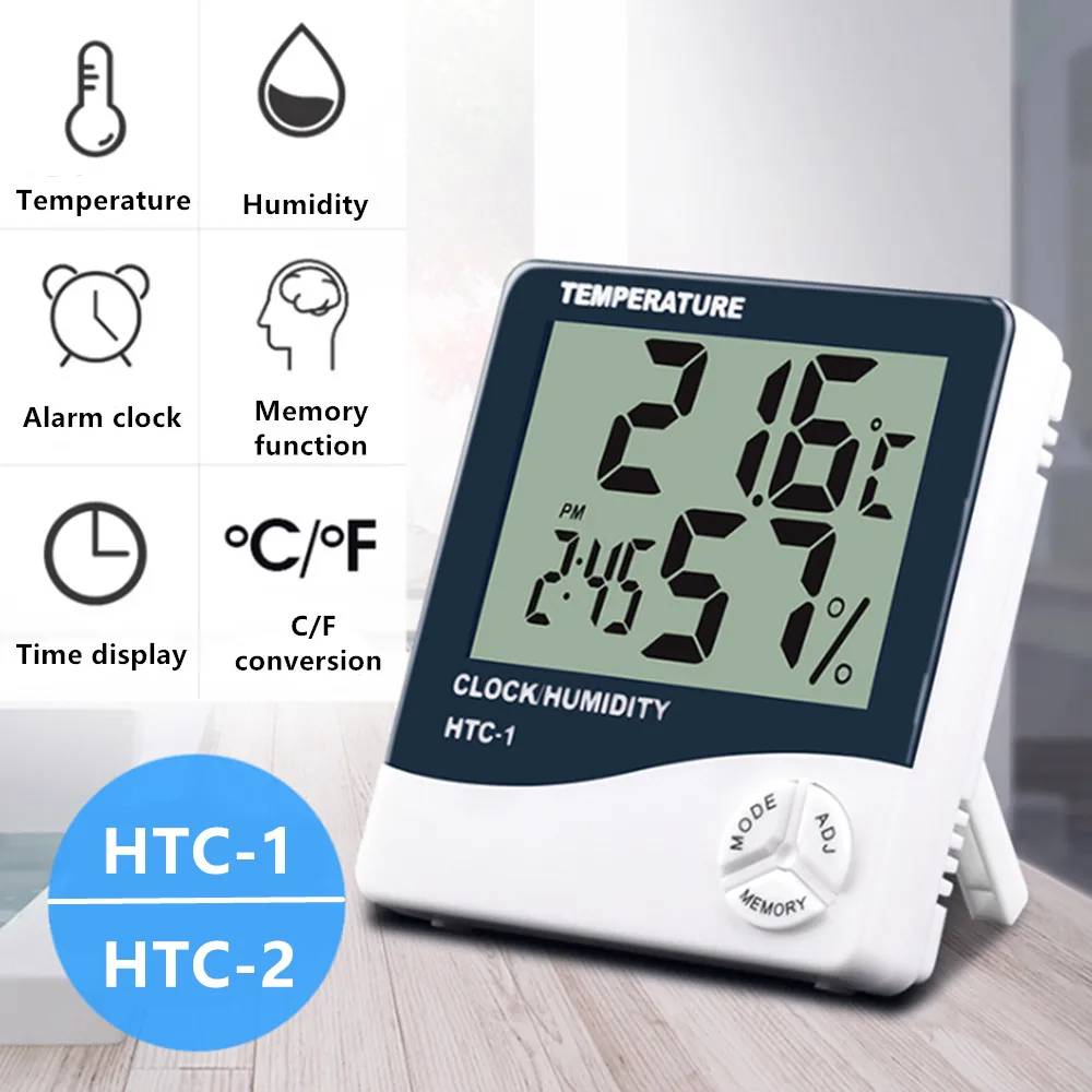 LCD 전자 디지털 온도계 습도계, 실내 및 실외 기상 관측소 시계, HTC-1 HTC-2
