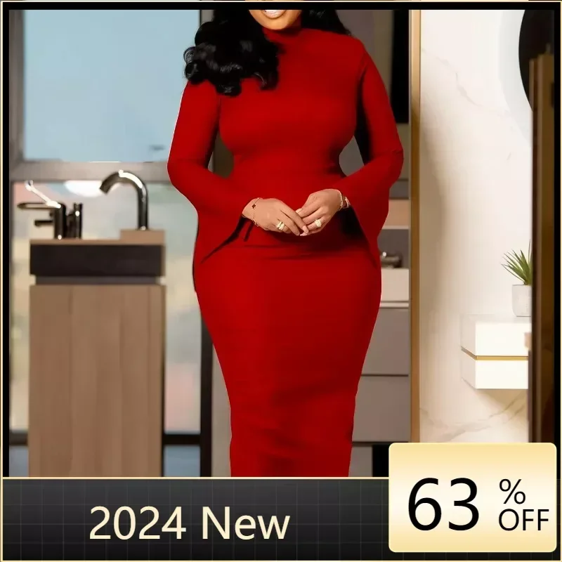 

Women Flare Long Sleeve Skew Neck High Waist Birthday Bodycon Midi Dress 2024 OL Work Evening Sexy Party Dresses Vestido