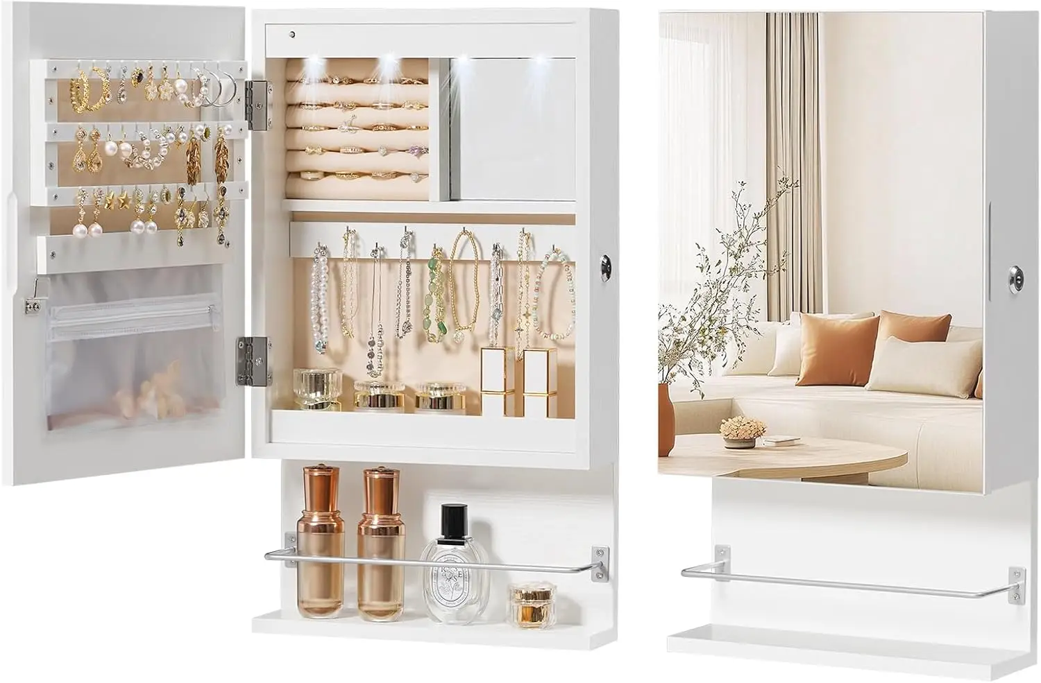 Wall Mounted Jewelry Cabinet, Led Jewelry Armoire with Interior Mirror, Hanging Jewelry Organizer for Wall