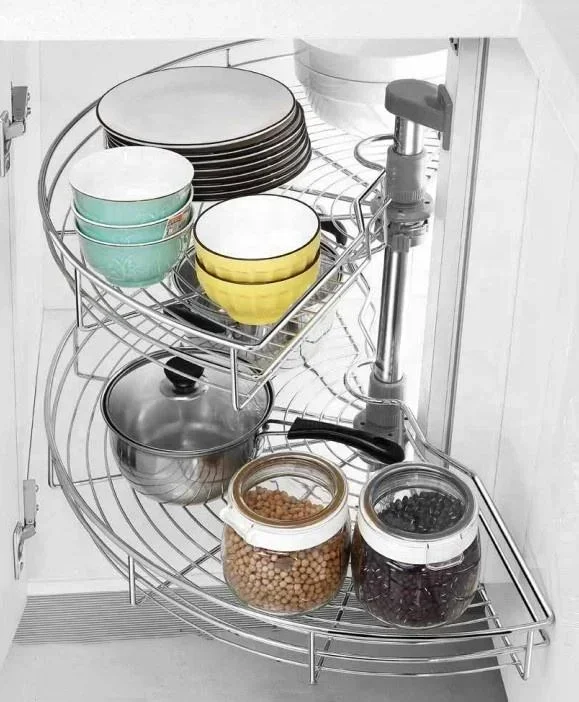 2 Tiers 180 Degree Magic Corner Pull Out Basket Soft Close Round Wire Multifunctional Revolving Slide Out Basket on sale
