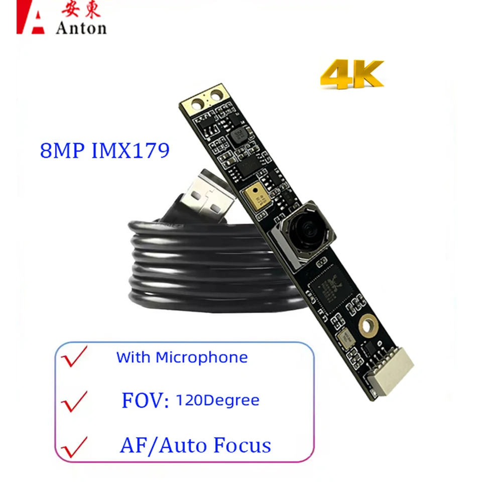 4K 8MP IMX179 USB 카메라 모듈(디지털 마이크 포함, FOV 120) ° AF 자동 초점 얼굴 인식 프리 드라이버 OTG 웹캠 MJPG/YUV