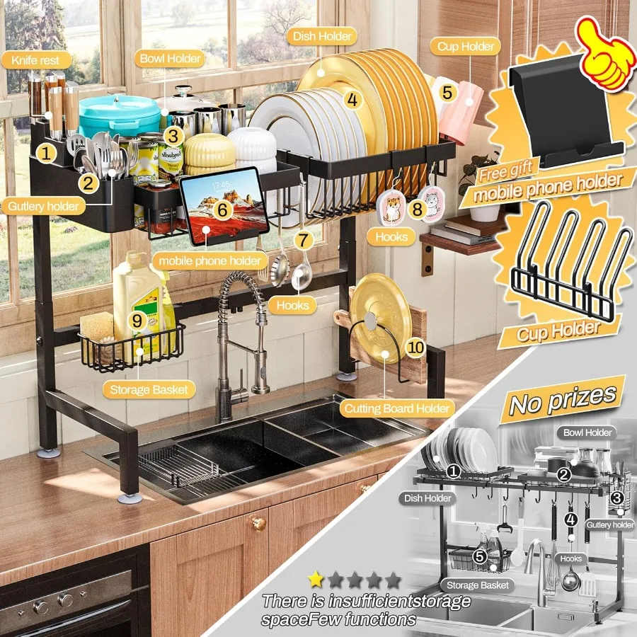 Over The Sink Dish Drying Rack Expandable Height and Length22.6 35.5 L SnapOn Design 2 Tier Large Dish Rack