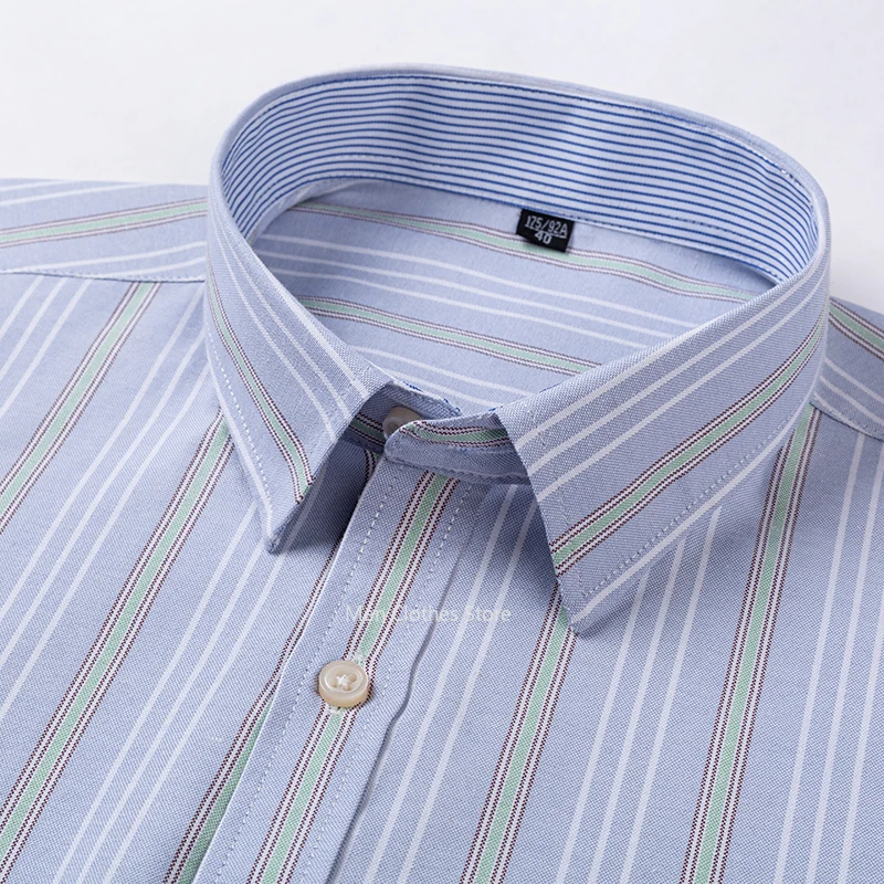 Men's Summer Short Sleeved Shirt Oxford Cotton Plaid Stripe Solid Color Comfortable Breathable Business Leisure Men Clothes 2