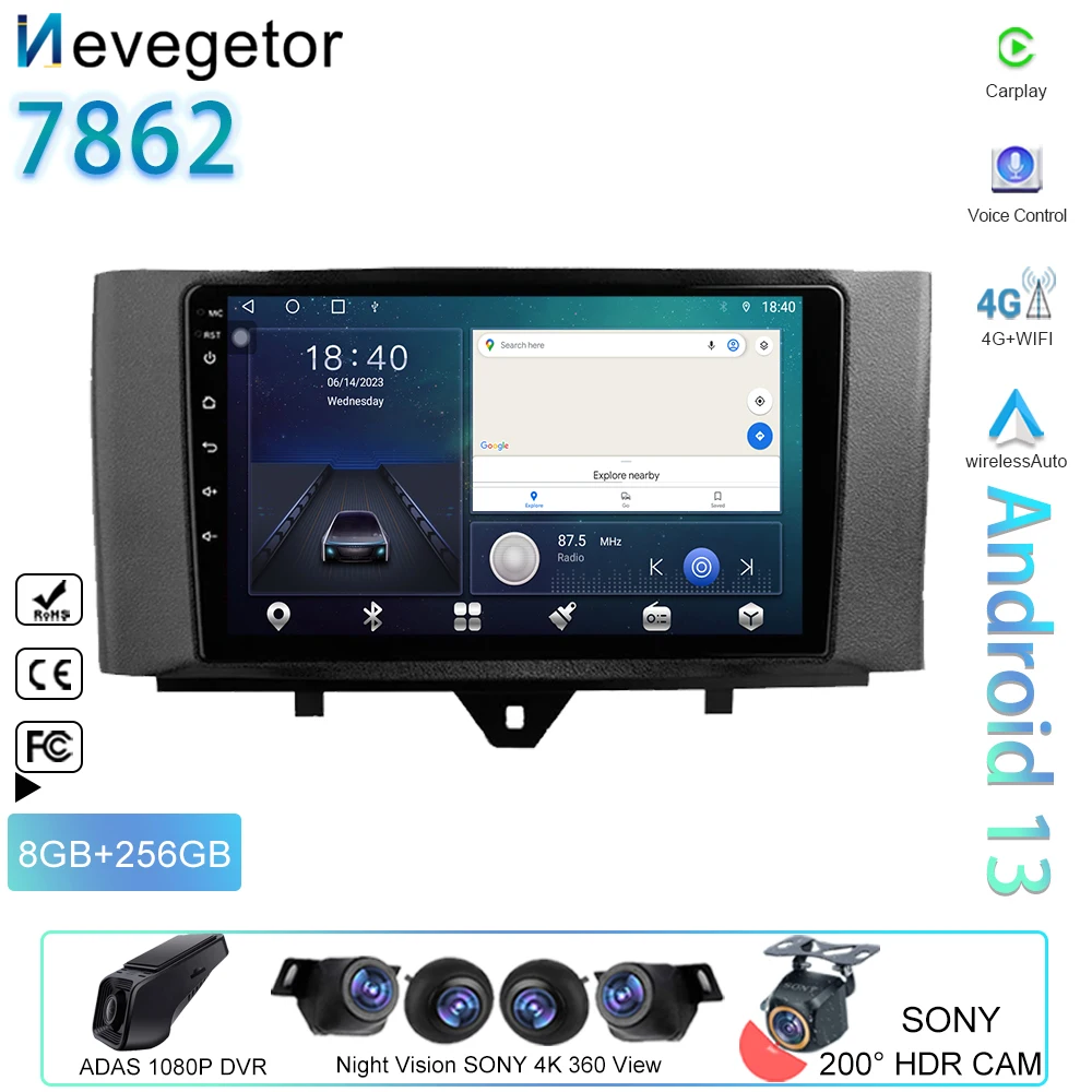 

Автомобильный Android для Mercedes Benz Smart Fortwo 2 2010-2015, автомобильное радио, GPS-навигация, мультимедийный плеер, стерео, видеокамера BT No 2din, DVD