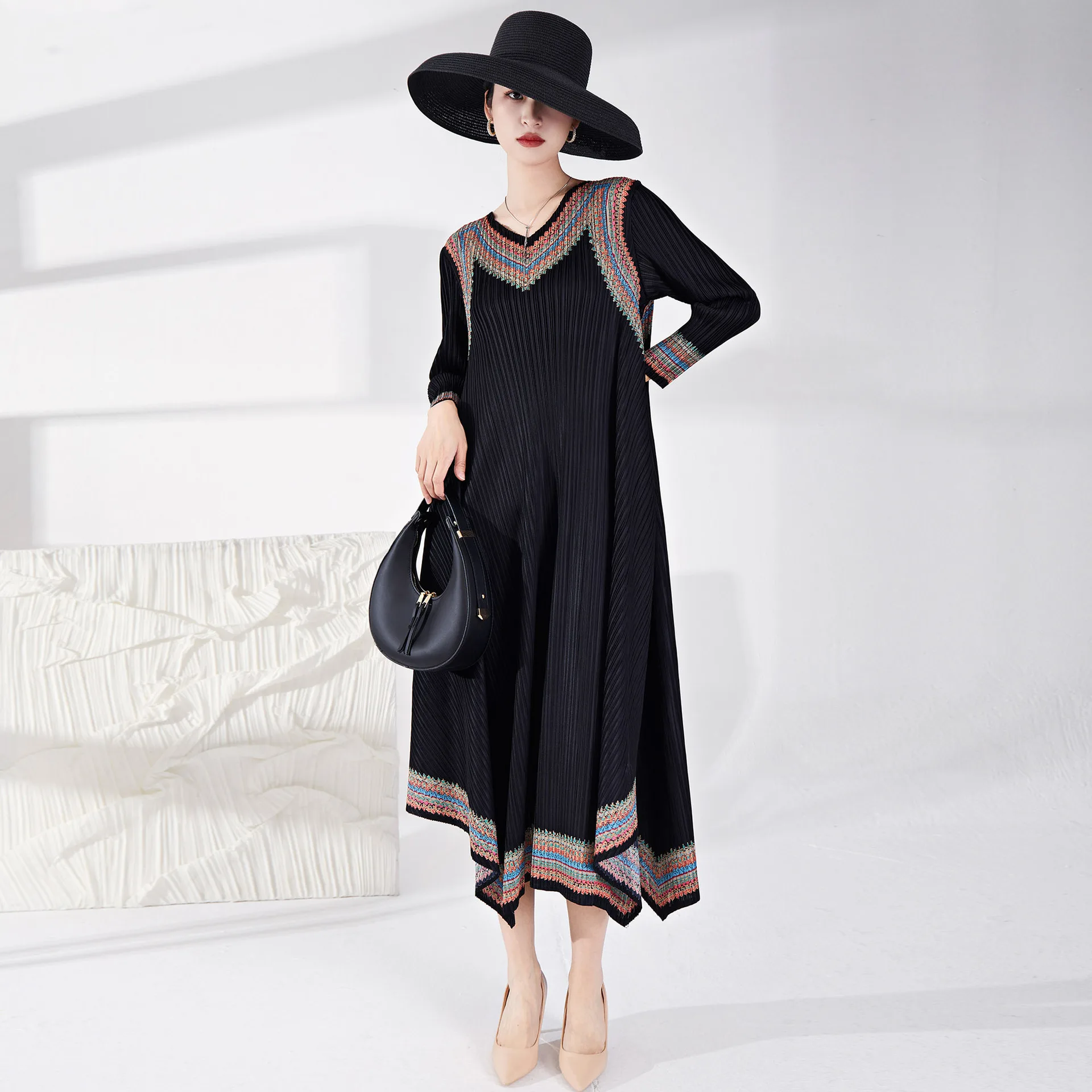 

Retro Ethnic Regular Full Dress New Spring Summer Casual Dress Ladies V Neck Stitching Maxi Dresses 2023 Summer Elegant