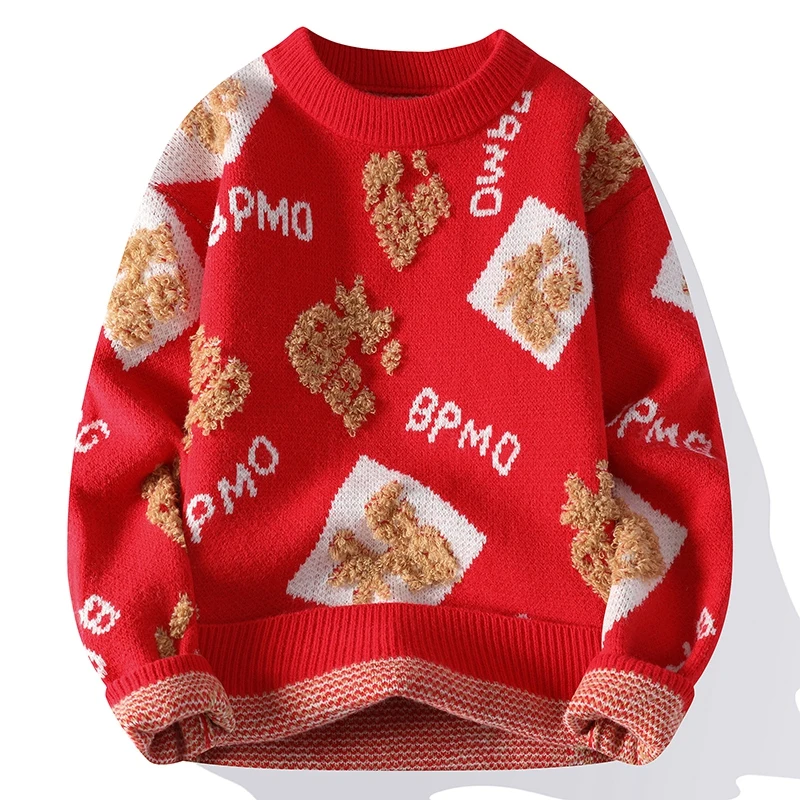 Mink Fleece 2023 Autumn and Winter Men's Pullover Round Neck Printed Letter Fashion Loose Sweater Knitted Long Sleeved Tops