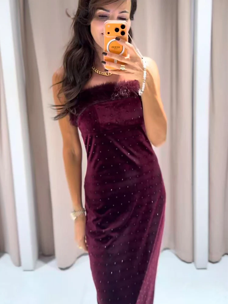 Women Off The Shoulder Evening Dress Elegant Velvet Faux Fur Spliced Light Luxury Party Dresses Chic Beading Slim Sling Dress