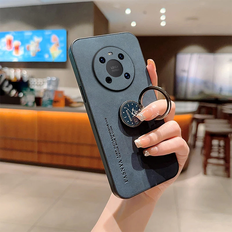 Luxury Matte Leather Phone Case with Ring Bracket and Shockproof Design