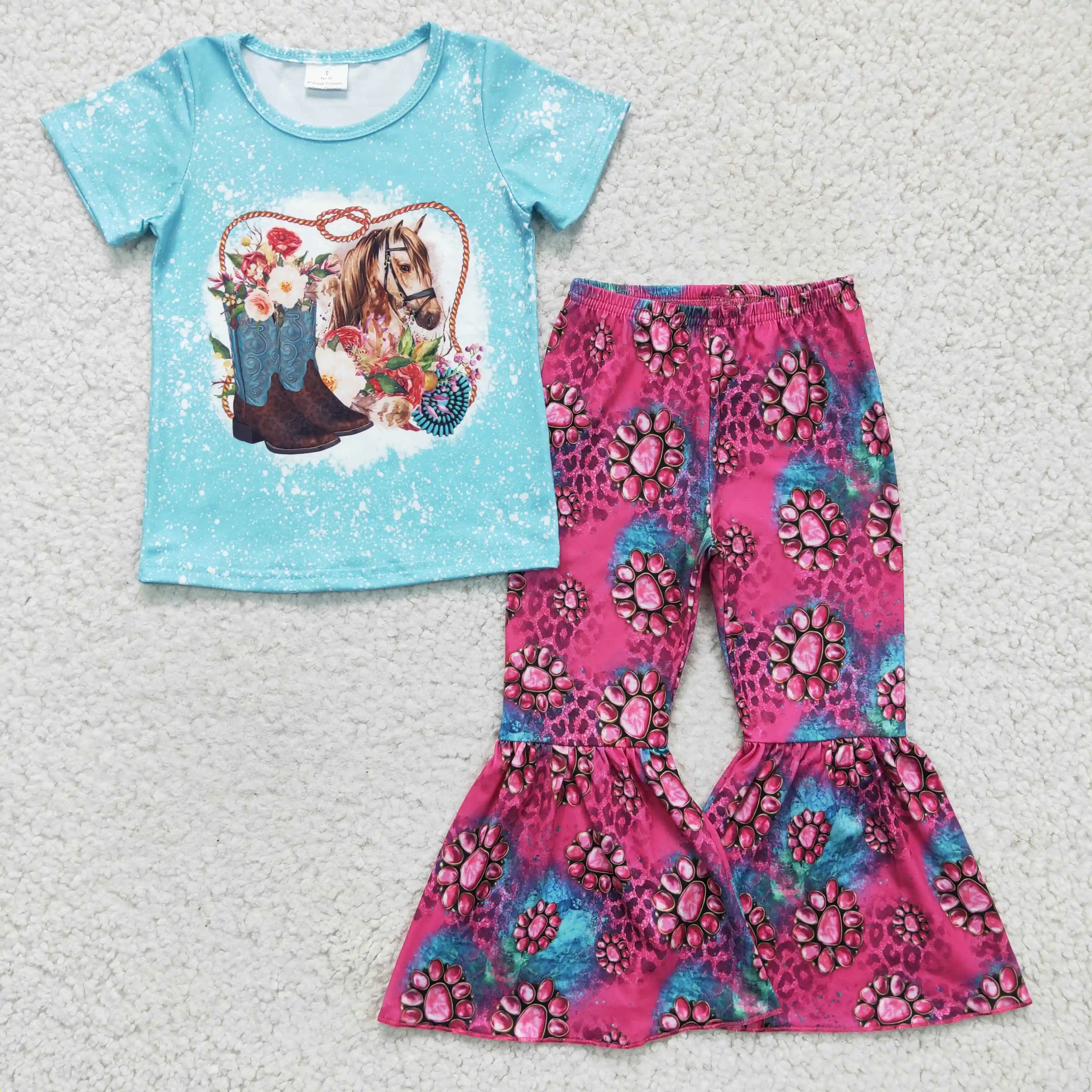 

New arrivals RTS no moq fancy baby girls western sets horse pattern little kids bell bottoms children's leopard outfits