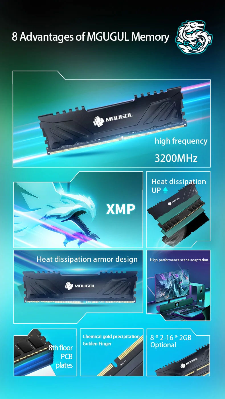 Description Picture 3 of itemMOUGOL RAM DDR4 8GB 3200MHz 288Pin Memory 1.35V RAMs Dual Channel Desktop Components Original Ram White