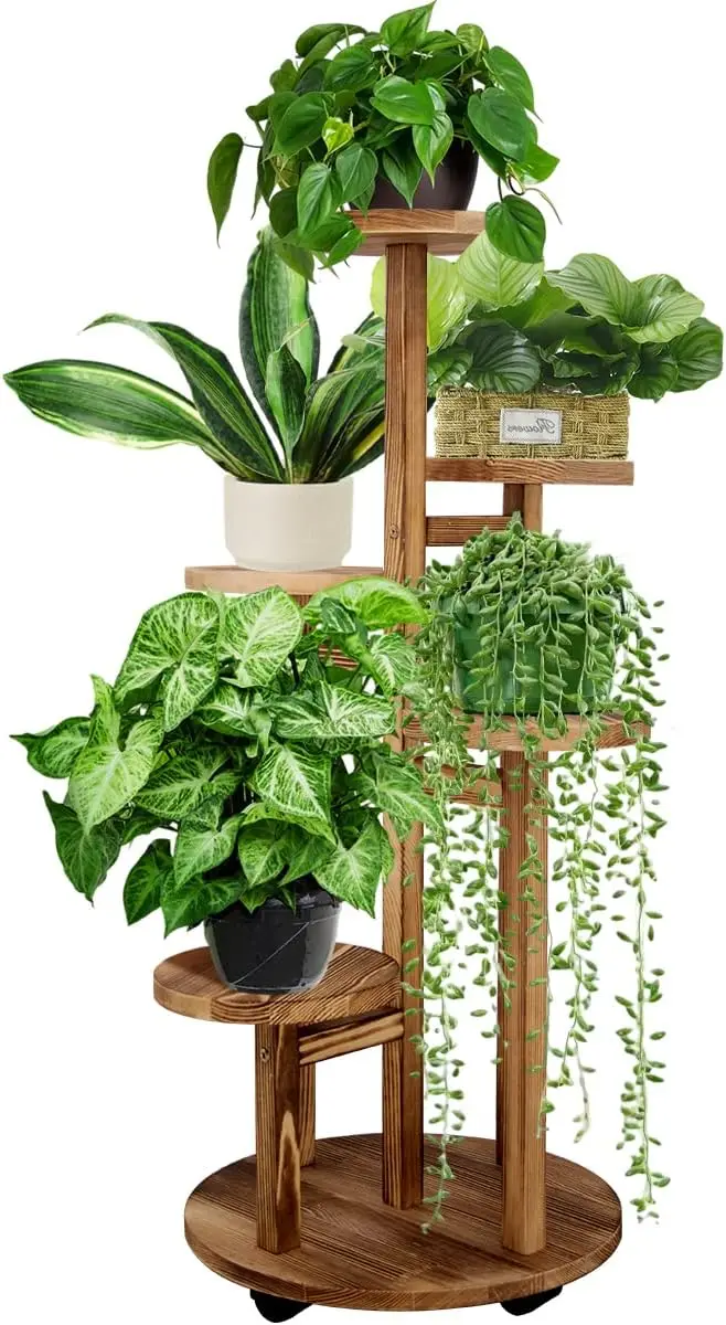 5-Tier Wood Plant Stand with Wheels for Indoor Plants, Corner Display Rack for Living Room Balcony