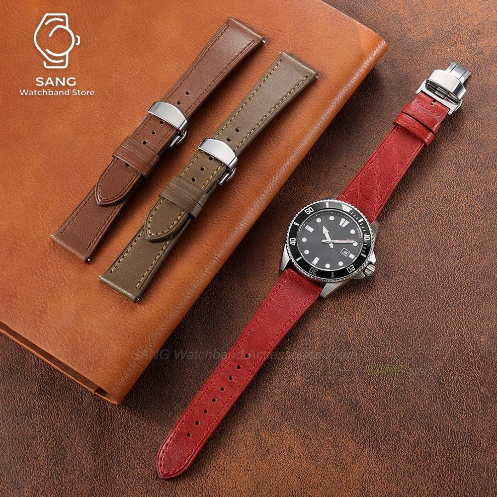 Vintage Leather Watch Strap with Butterfly Buckle - Universal Business Bracelet