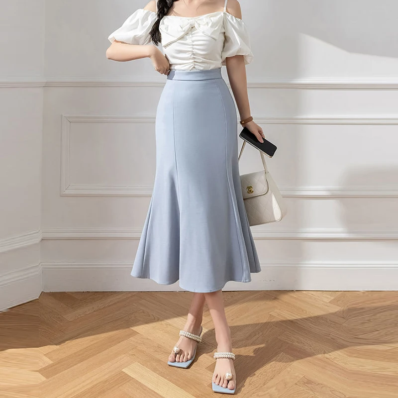 

Женское шифоновое платье с юбкой рыбий хвост, голубое однотонное платье с высокой талией, элегантное платье в Корейском стиле, весна-лето 2023