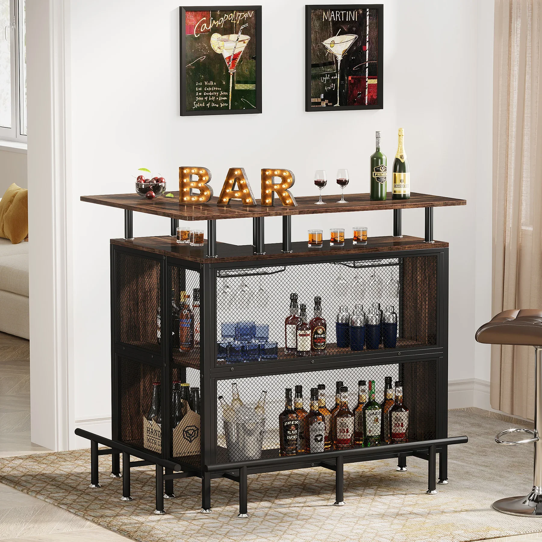 Tribesigns Home Bar Unit, L-Shaped Bar Table with Stemware Racks and 2-Tier Shelves, Corner Coffee Liquor Cabinet, Rustic Brown