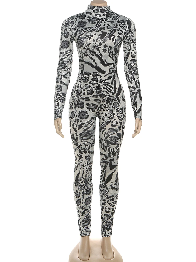 Nibber Peach Hip Leopard Print Jumpsuit Woman Autumn Trend Turtleneck Full Sleeve Skinny Hottie Midnight Sexy Fashion Overalls