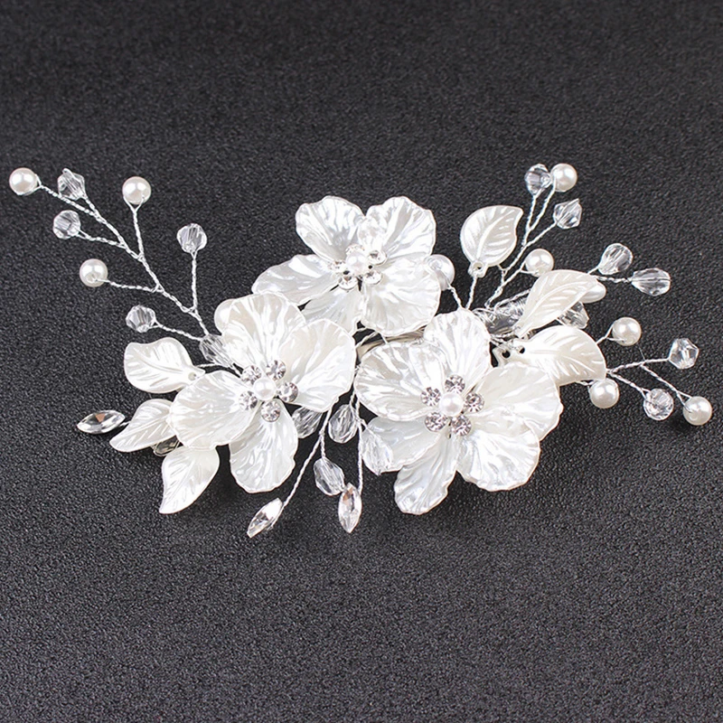 Bridal Tiara White Shell Petals Handmade Pearl Crystal Hairpin Decoration