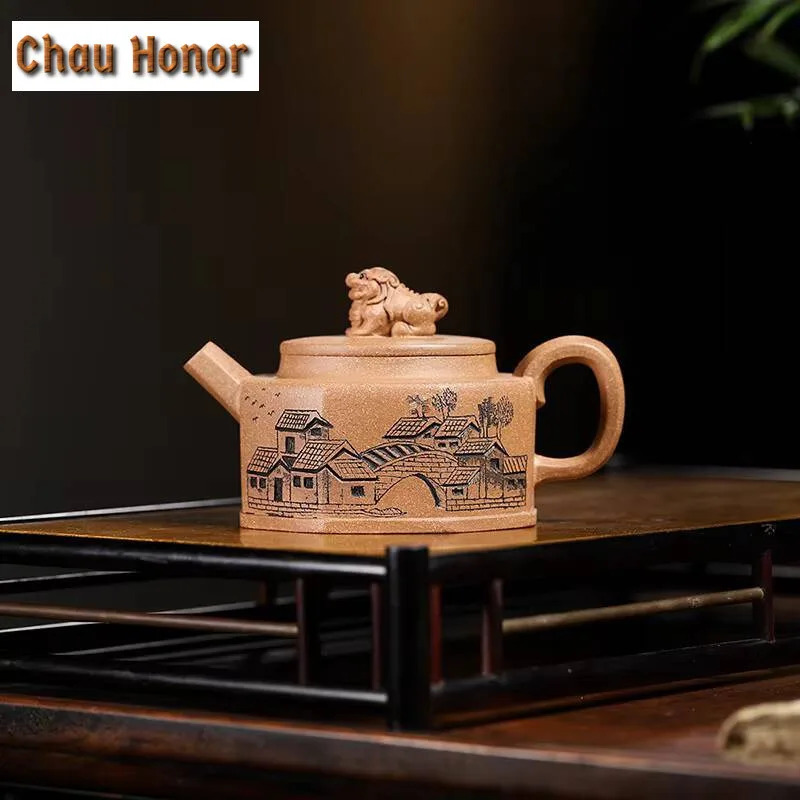 200ml Chinese Yixing Purple Clay Teapot Master Handmade Beast Lion Tea Kettle Raw Ore Old Section Mud Octagon Pot Zisha Tea Set