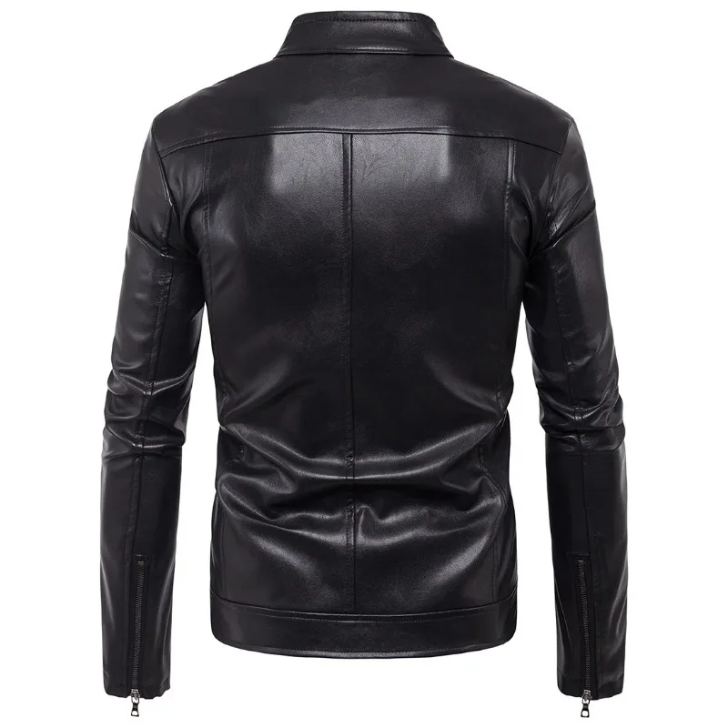 Men Spring and Autumn New Solid Color Rivet Leather Clothing Korean Style Slim Large Size Stand Collar Leather Jacket Coat