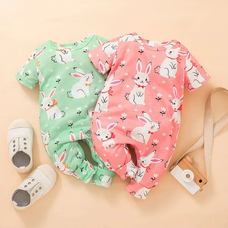 

Boys Wear New Baby Rabbit Printed Short Sleeve Onesie for Boys and Girls Cute Climbing Clothes Out Baby Girl Romper
