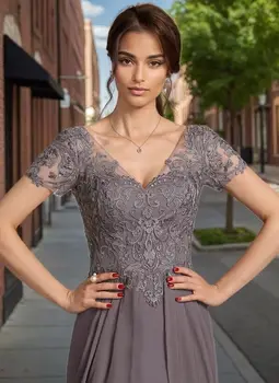 Abiti personalizzati a maniche corte per la madre della sposa, abiti con scollo a V per la madre dello sposo, abito da sera formale con volant in chiffon