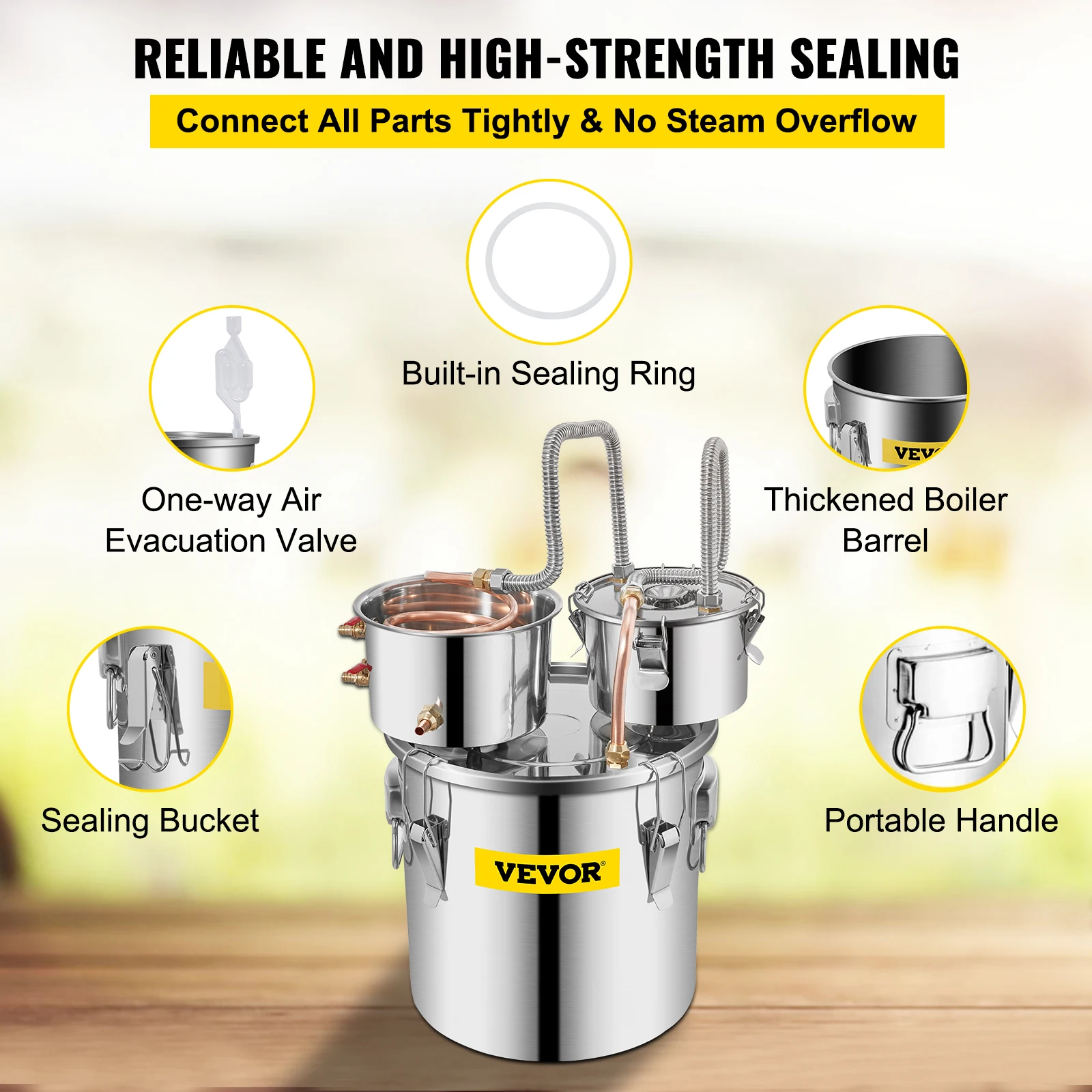 VEVOR 5Gal/19L Stainless Steel Alcohol Distiller with Copper Tube & Build-in Thermometer, Double Thumper Keg Home Brewing Kit 6