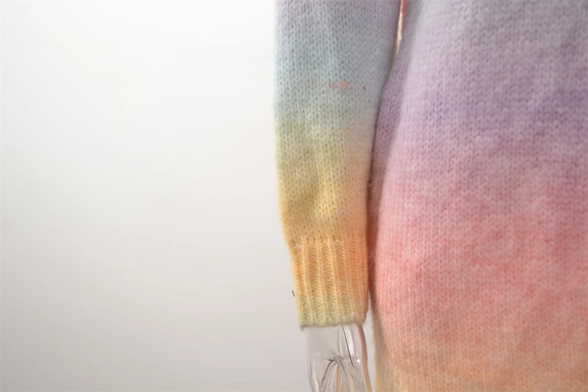 2024 New Winter European American Sweaters Rainbow Tie-dye Mid-length Oversized Cardigan Women Knitwear Jacket Long Sleeved Tops