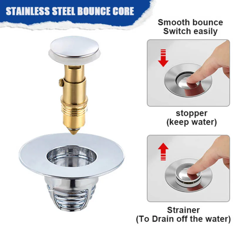 Universal Stainless Steel Basin Pop-Up Bounce Core Basin Drain Filter Hair Catcher Sink Strainer Bathtub Stopper Bathroom Tool 4