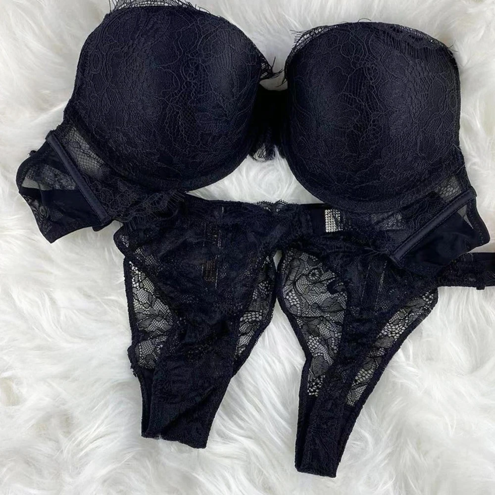 New Sexy Lace Bra, Diamond Letter Shoulder Strap Underwear Thong Three piece Sexy Bra Set, Lace Bra Set, Free Wholesale