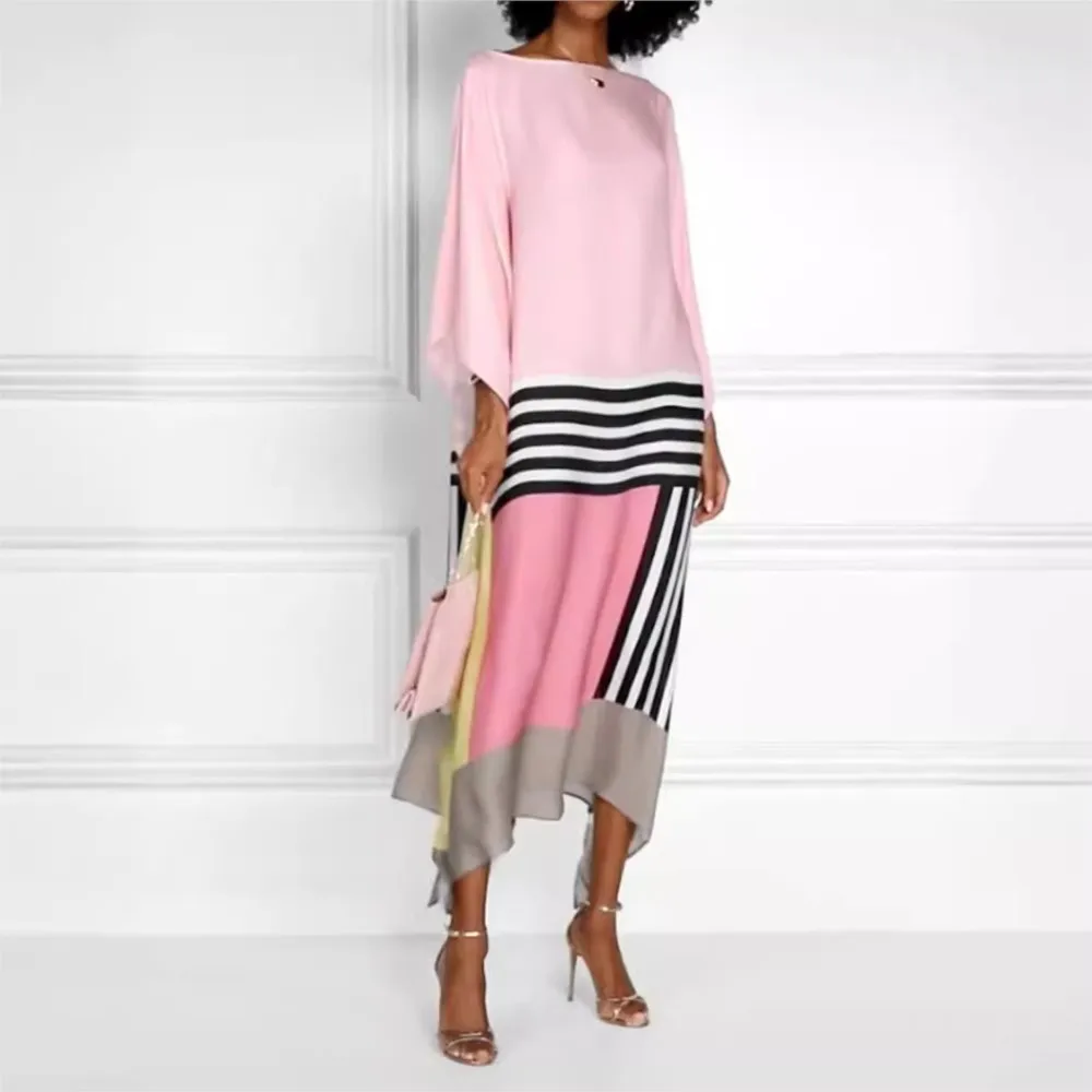 Fashion Printed Stripe Splicing Long Sleeve Dresses Women Autumn Summer Casual Loose Diagonal Shoulder Long Elegant Female Dress 5