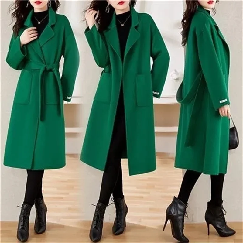 Double Sided Wool Coat Lace-Up Women's Long Korean Loose Vintage Lady Blend Cashmere Jacket 2023 Autumn/Winter New High Quality
