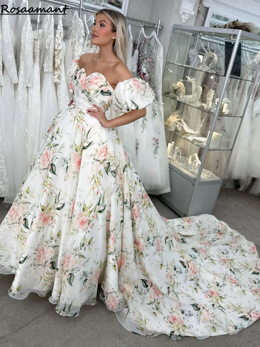

Spring Floral Wedding Dress Puff Sleeves V Neck Pleat Corset Bridal Gown A Line Vestido De Noiva Women Bride Dresses