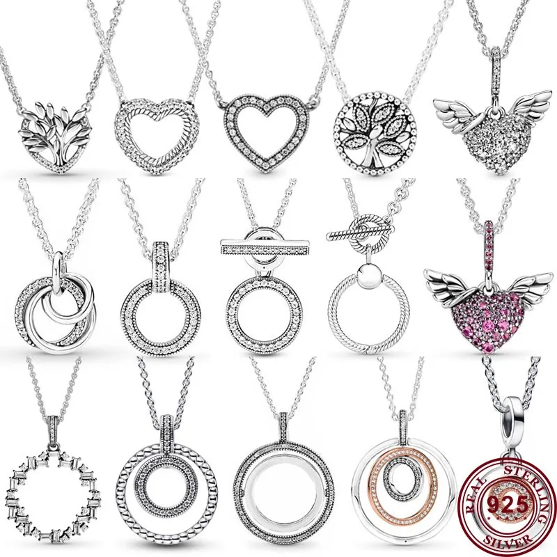 

Hot Selling 925 Silver Classic Genealogy Tree Shining Angel Wings Original Women's Circular Logo Necklace DIY Charm Jewelry