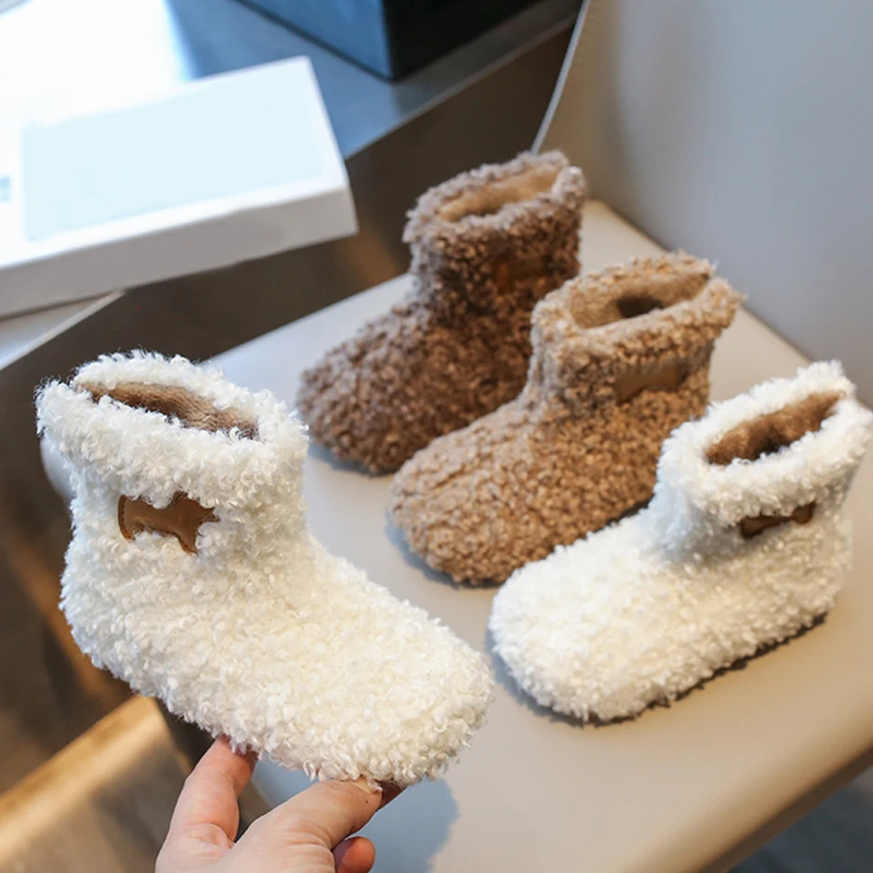 Cute Animal Patchwork Lambswool Boots For Kids  Winter Thick Curly Fur Warm Booties Boys Girls  Outdoor Round Toe Cotton Shoes