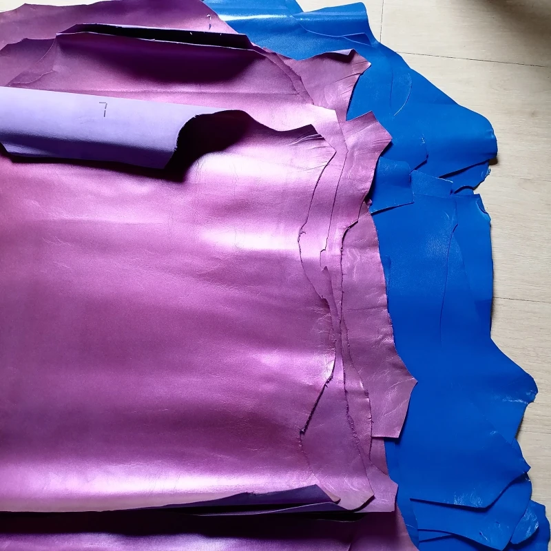 Royal Blue and Purple Pink Top-Grain Goatskin Leather Fabric - Handmade DIY Sheepskin Lining Material