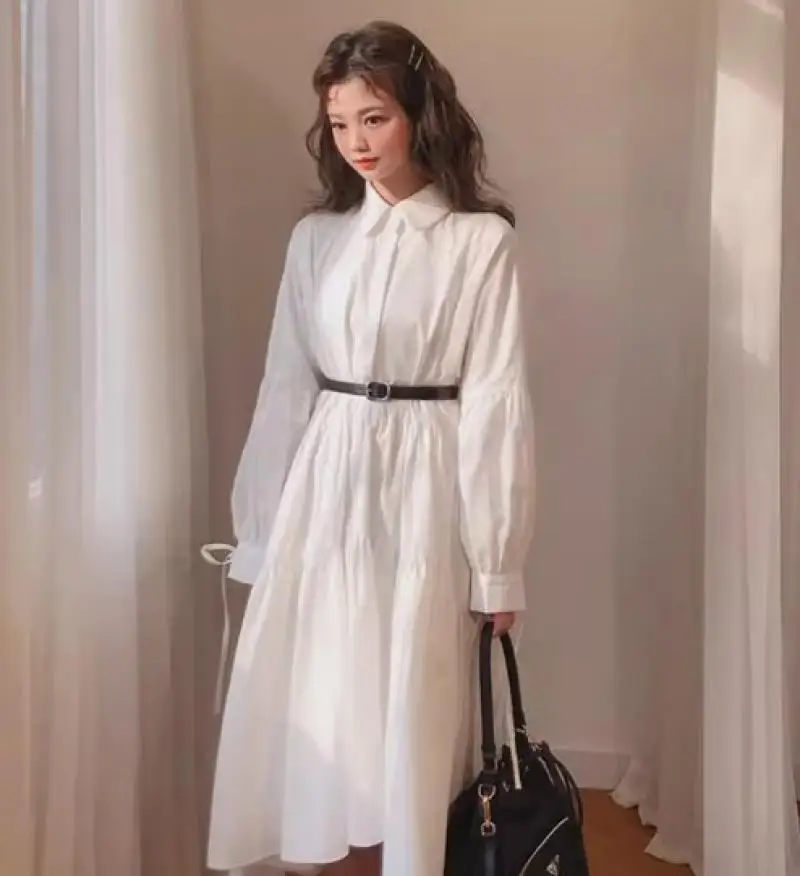 

Vintage Designer Collar Lapel Button Up Ruched Ruffles Cotton White Dresses Female Clothes Women Dress Long Sleeve Spring Autumn