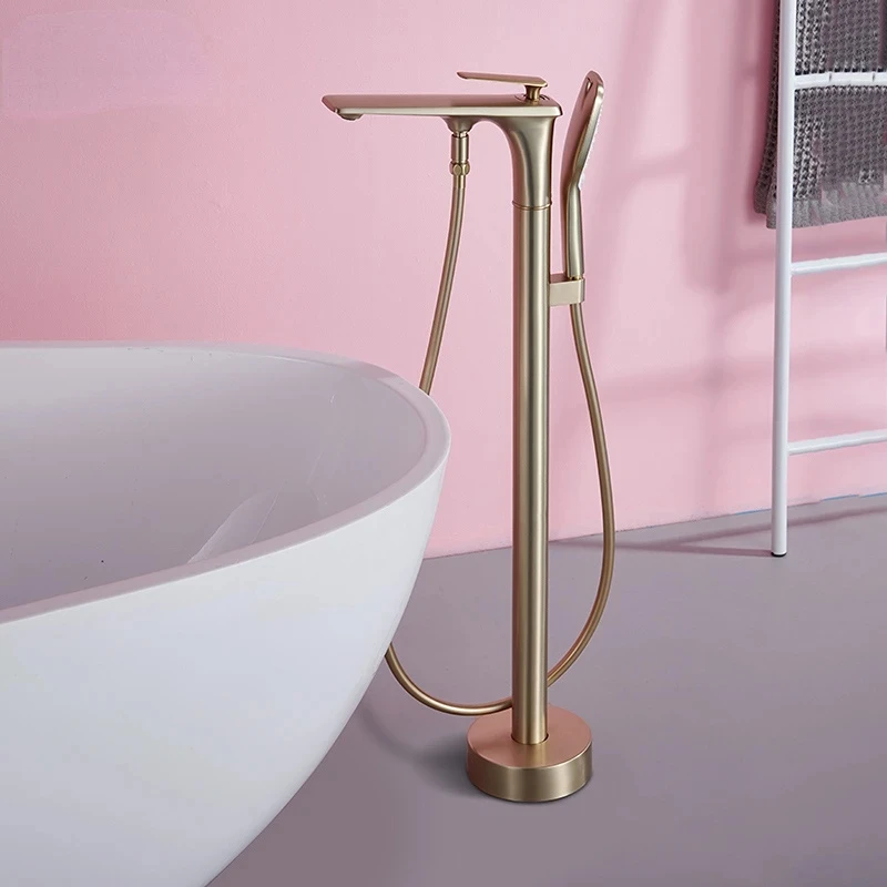 

Floor Standing Faucet Brushed Gold Square Bathtub Shower Faucets Brass Hot Cold Water Mixer Tap Bathroom Waterfall YX853TB