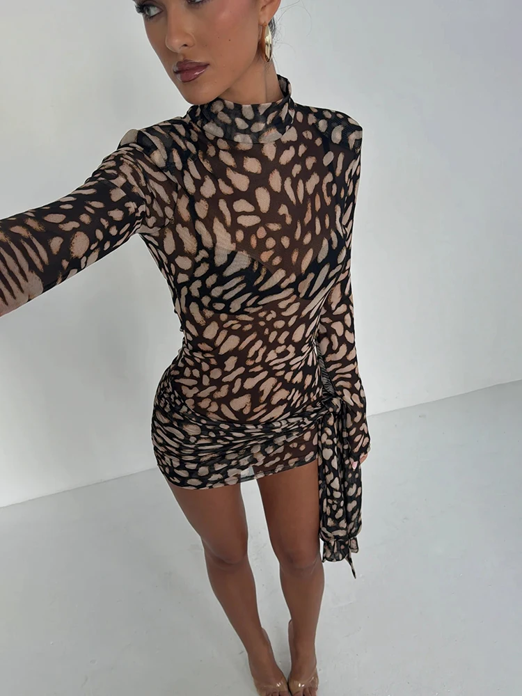 Fantoye Turtleneck Sexy Sheer Print Leopard Bandage Women Dress Long Sleeve Mini Dress Lady Spring Slim Elegant Party Club Dress 3