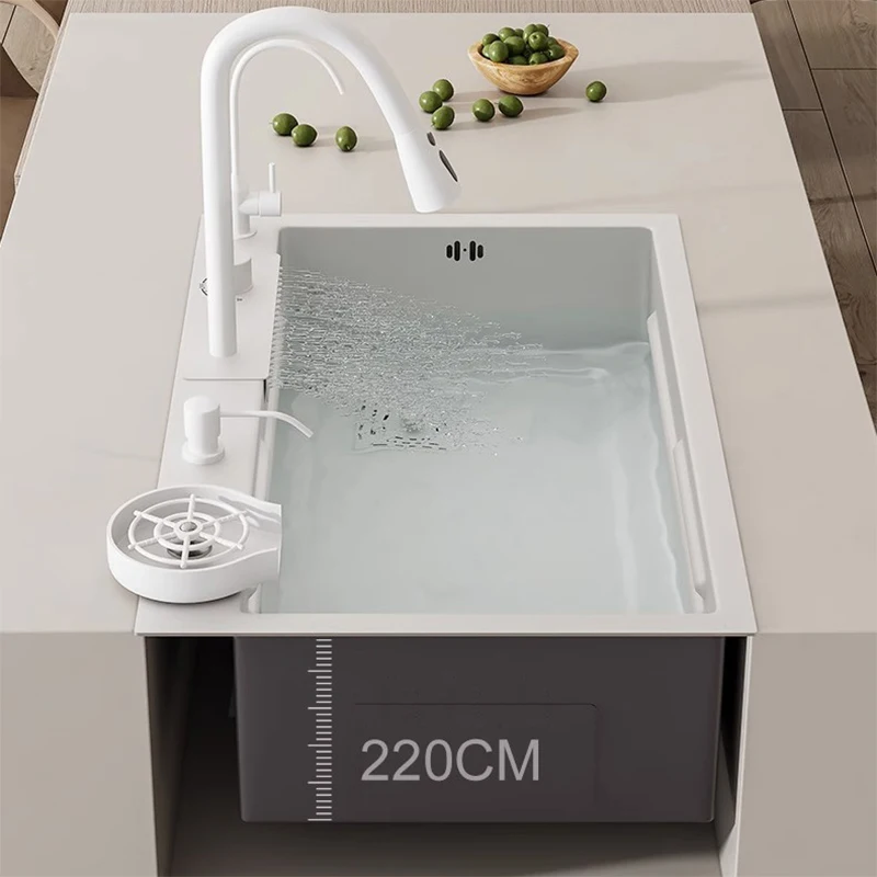 Nano Multifunction White Kitchen Sink Waterfall Faucet Large Single Bowl Wash Basin Cup Washer Pure Tap Soap Dispenser SUS304