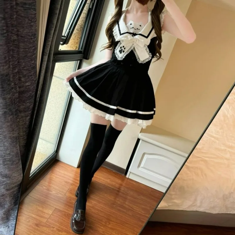 Gothic Y2k lolita mini dress Japanese women preppy style sailor collar bow cat print party dresses kawaii sweet princess dresses