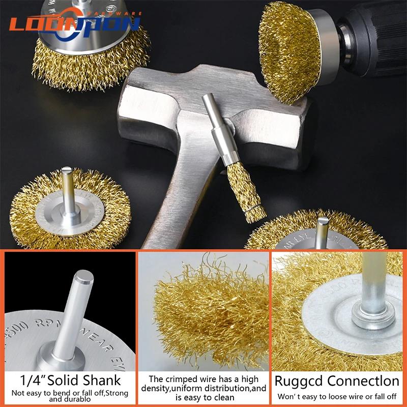 Loonpon 6mm 1/4 "Schaft draht bürste Rad becher bürstens atz Draht bürste für Bohr rotations werkzeuge Metall Rosten tfernungs polier bürste – Detail 3