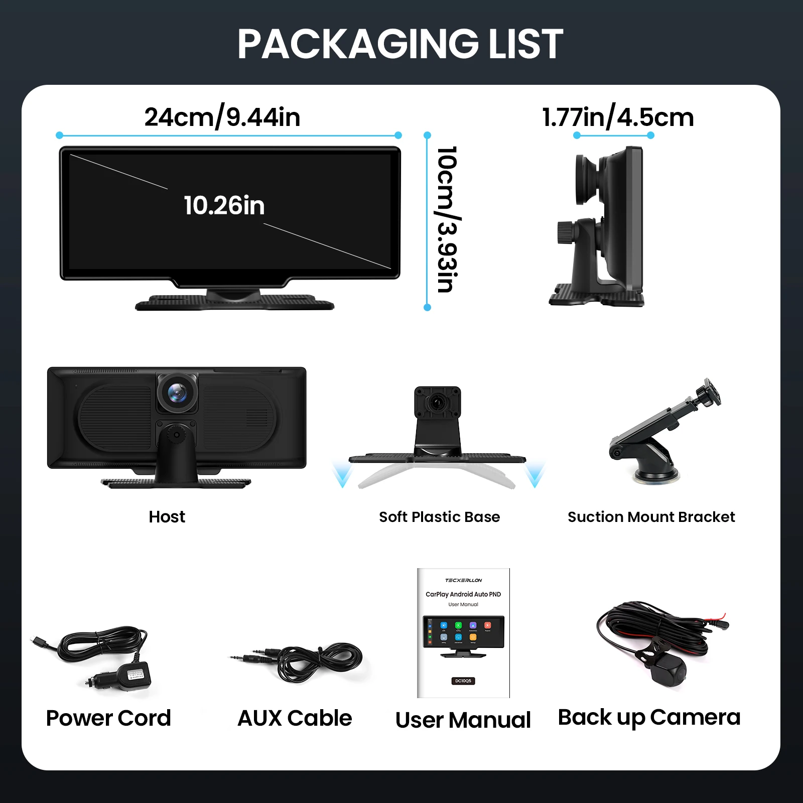 Wireless Carplay Screen 4K Dash Cam 1080P Backup Camera Android Auto GPS Airplay Mirror Link Easy Install 10.26"