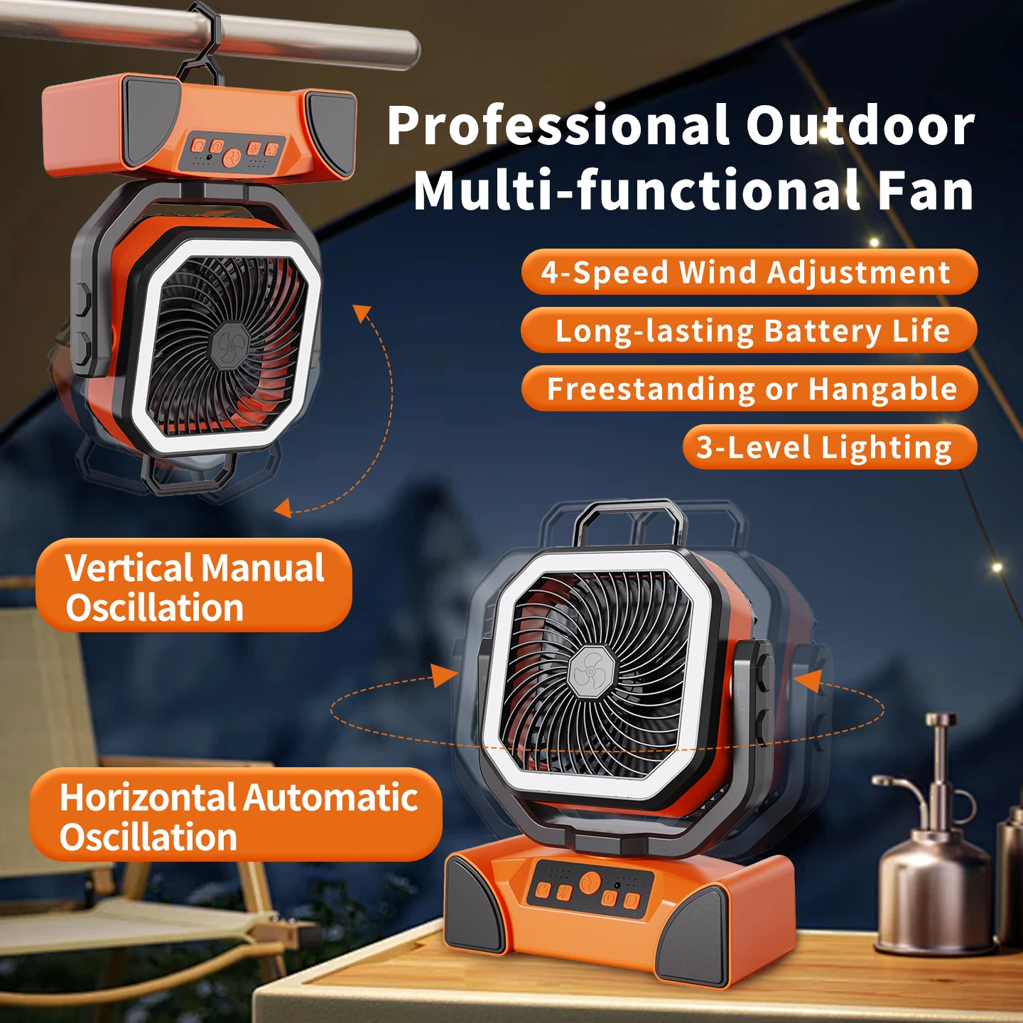 Ventilateur de camping rechargeable 50000 mAh avec lumière LED et télécommande, ventilateur suspendu extérieur pour tente, pêche, uragans - Autonomie de 100 heures 2
