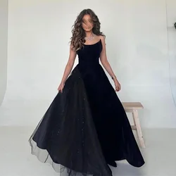 Patchwork A-line Sleeveless Black Backless Evening Party Dresses Boat Neck Exquisite Prom Gown فساتين السهرة 2023 جديده
