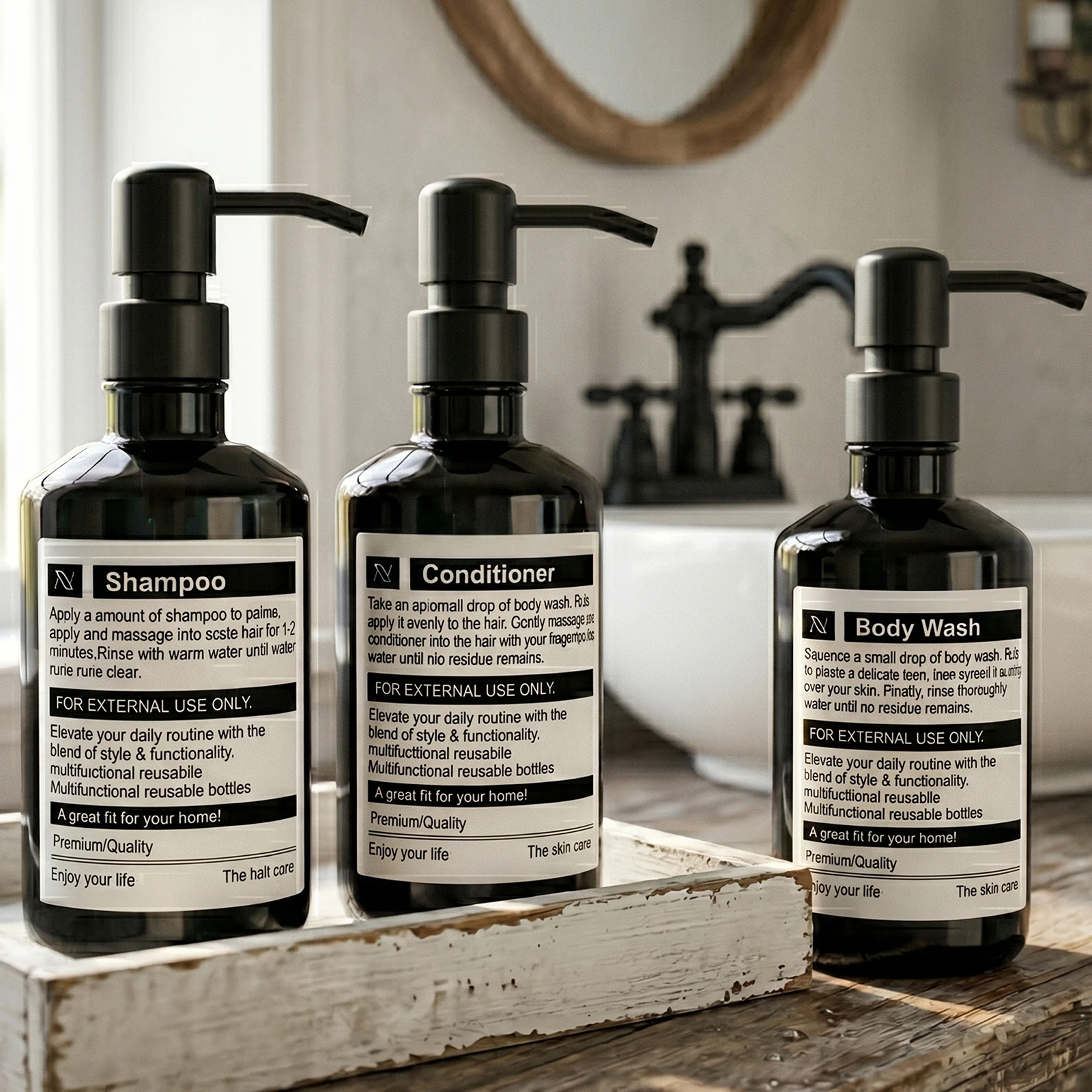 Deluxe Refillable Bathroom Dispenser Bottles for Shampoo, Conditioner, and Body Wash