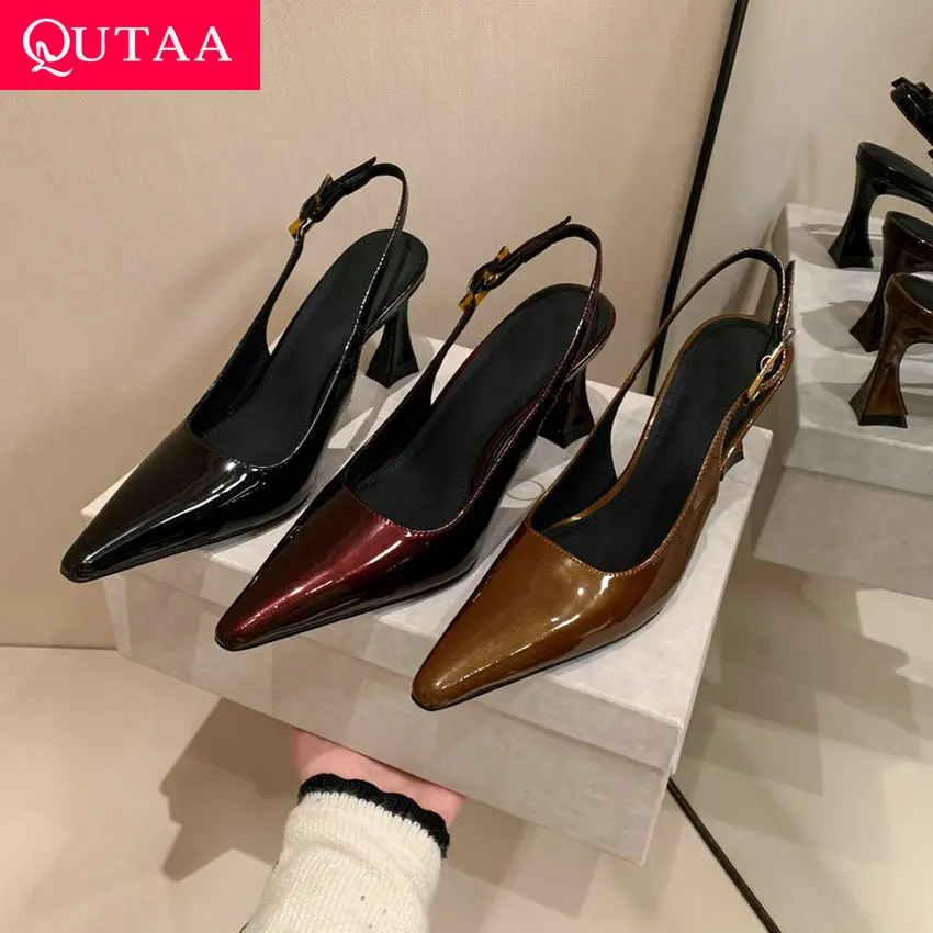 

QUTAA 2024 Women Sandals Fashion Pointed Toe High Heels Patent Leather Ankle Strap Shoes Woman Summer Party Prom PumpsSize 34-39