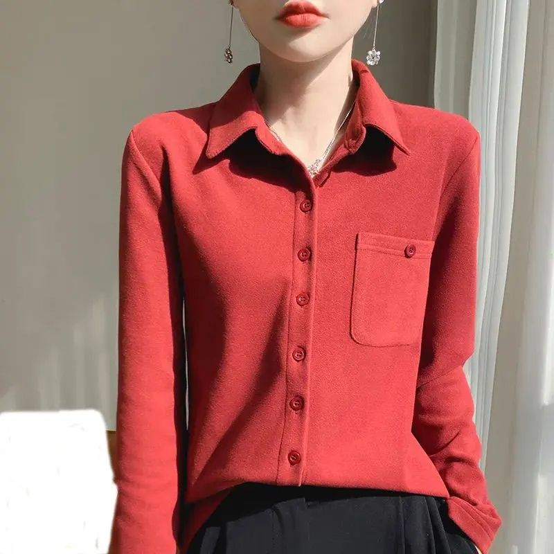Women Autumn Casual Pure Color Cotton O Neck Shirt 1 main image 1